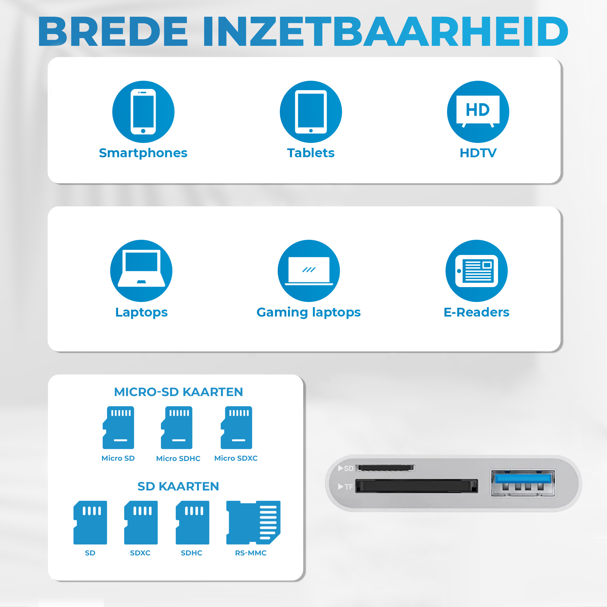 JVS Products SD kaart lezer - 3 in 1 Hub - SD / Micro SD / TF Card Reader - Kaartlezer - USB A - Snelle Dataoverdracht - Inclusief USB-C naar USB-A Adapter - Wit