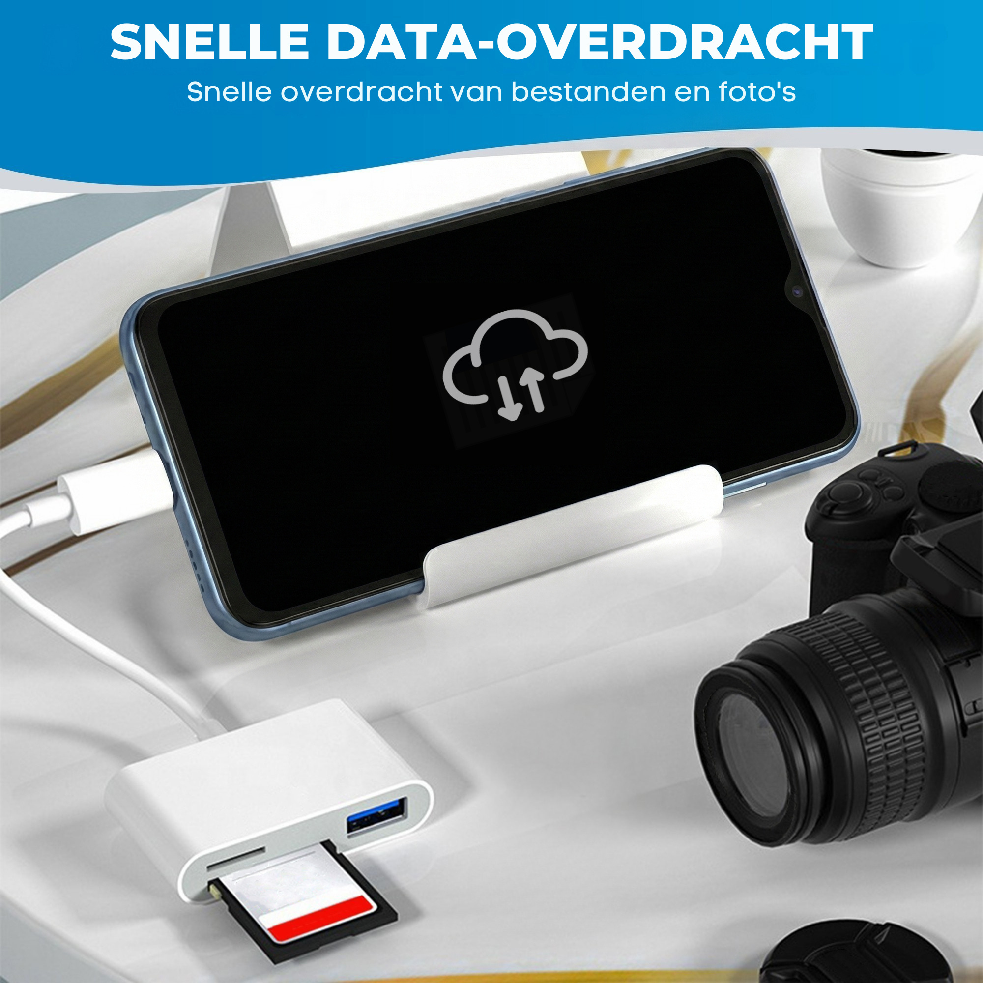 JVS Products SD kaart lezer - 3 in 1 Hub - SD / Micro SD / TF Card Reader - Kaartlezer - USB A - Snelle Dataoverdracht - Inclusief USB-C naar USB-A Adapter - Wit