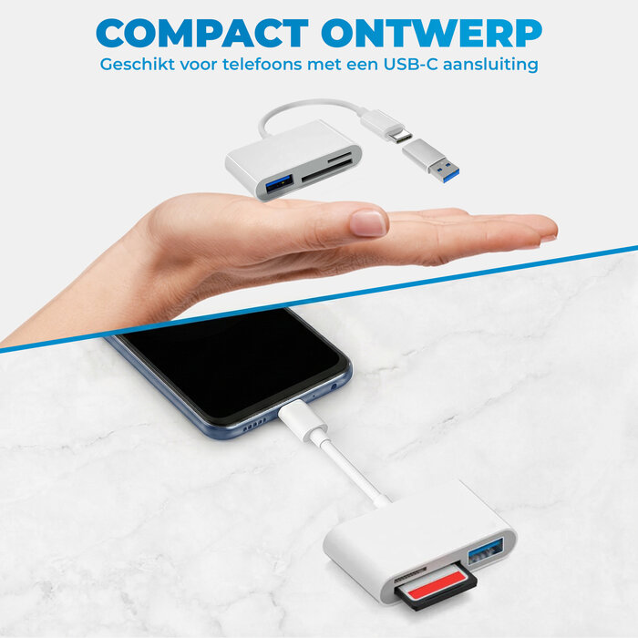 JVS Products SD kaart lezer - 3 in 1 Hub - SD / Micro SD / TF Card Reader - Kaartlezer - USB A - Snelle Dataoverdracht - Inclusief USB-C naar USB-A Adapter - Wit