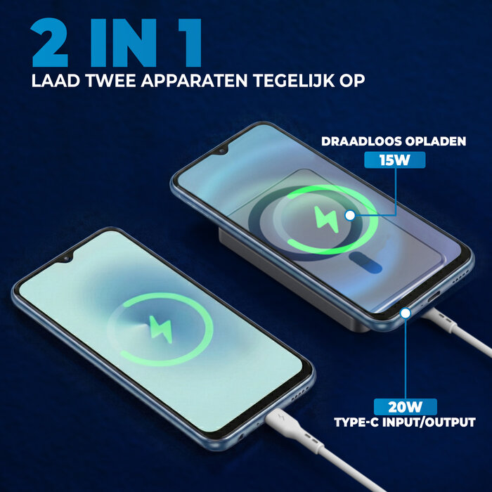 JVS Products Draadloze Powerbank 5000mAh - 20W Snellader - Geschikt voor MagSafe - 1x USB C input en output - USB-C kabel meegeleverd - Powerbank klein - Powerbank lichtgewicht - Zwart