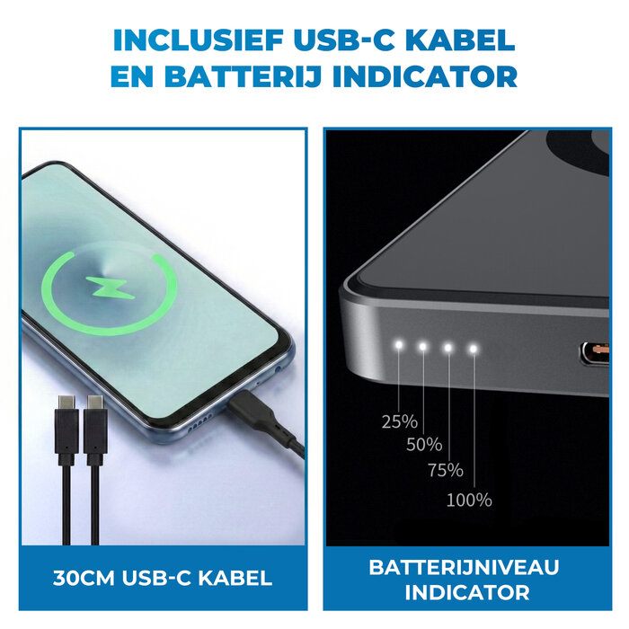 JVS Products Draadloze Powerbank 5000mAh - 20W Snellader - Geschikt voor MagSafe - 1x USB C input en output - USB-C kabel meegeleverd - Powerbank klein - Powerbank lichtgewicht - Zwart