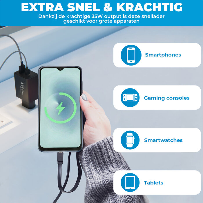 JVS Products Snellader 35W - 1x USB-C PD Fast Charge - 1x USB-A Quick Charge 3.0 – Oplader 35 Watt - GaN Technologie - USB-C Adapter - Geschikt voor Smartphones, Tablets, Etc. - Zwart