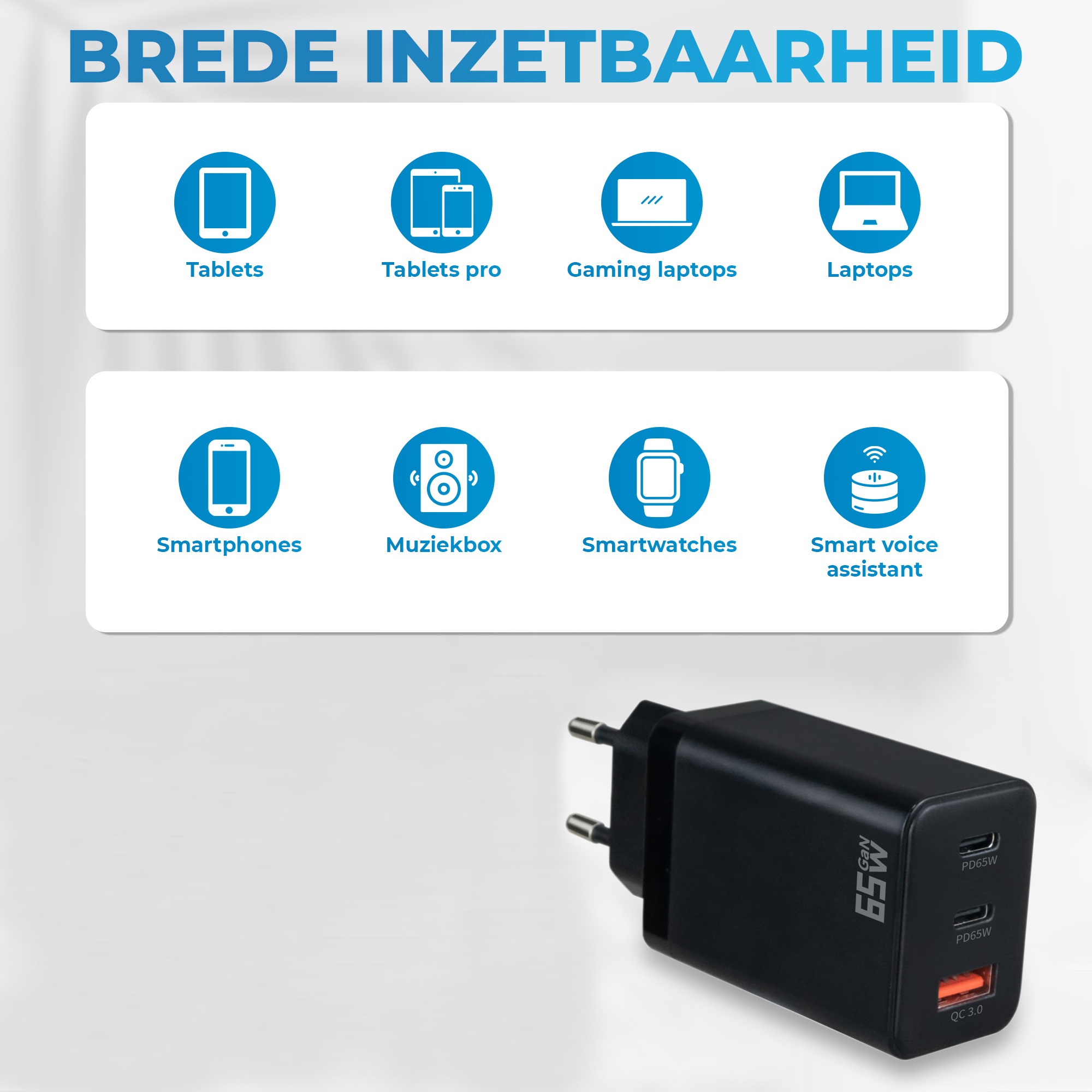 JVS Products Snellader 65W - 2x USB-C PD Fast Charge - 1x USB-A Quick Charge 3.0 – Oplader 65 Watt - GaN Technologie - USB-C Adapter - Geschikt voor Smartphones, Tablets, Laptops, Etc. – Zwart