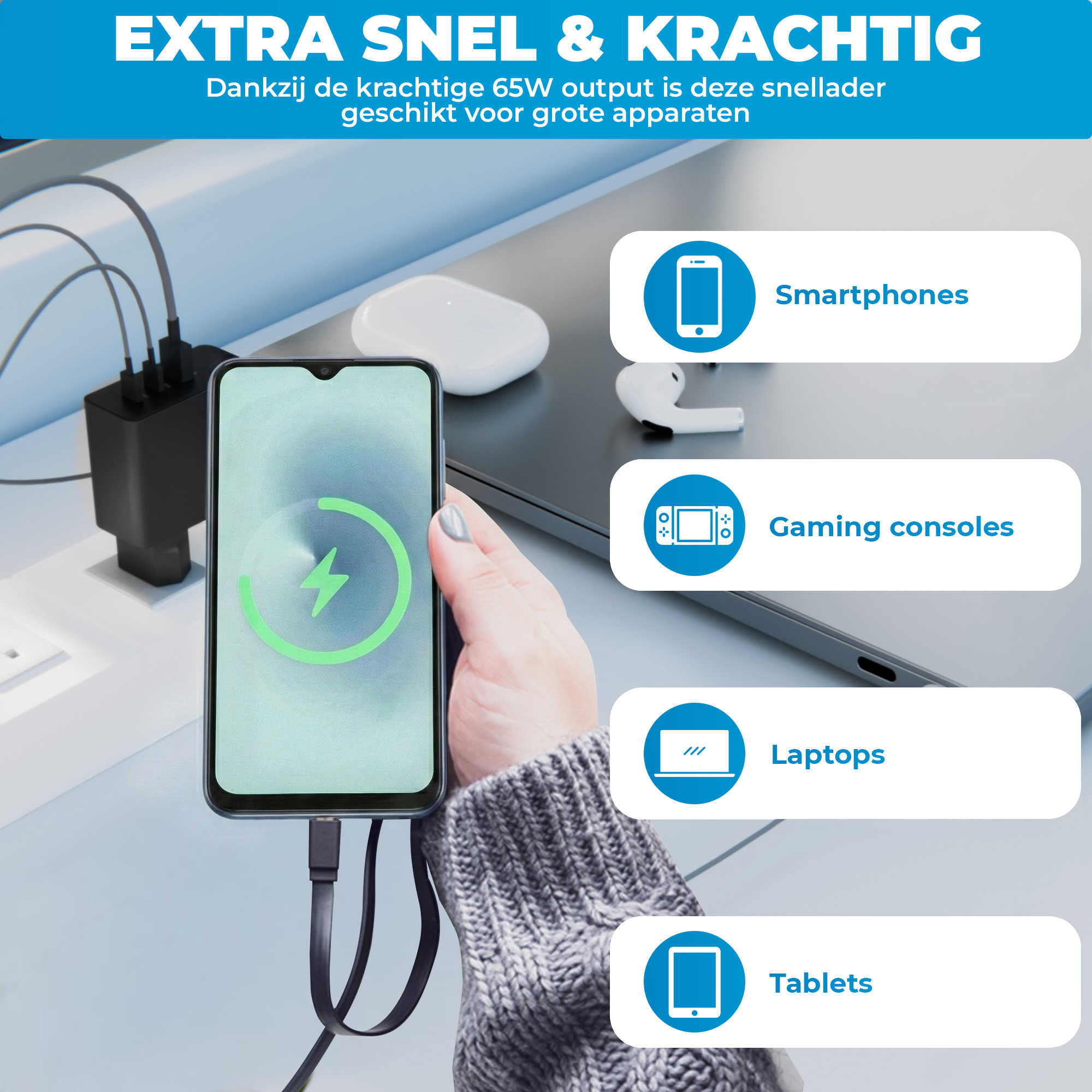 JVS Products Snellader 65W - 2x USB-C PD Fast Charge - 1x USB-A Quick Charge 3.0 – Oplader 65 Watt - GaN Technologie - USB-C Adapter - Geschikt voor Smartphones, Tablets, Laptops, Etc. – Zwart