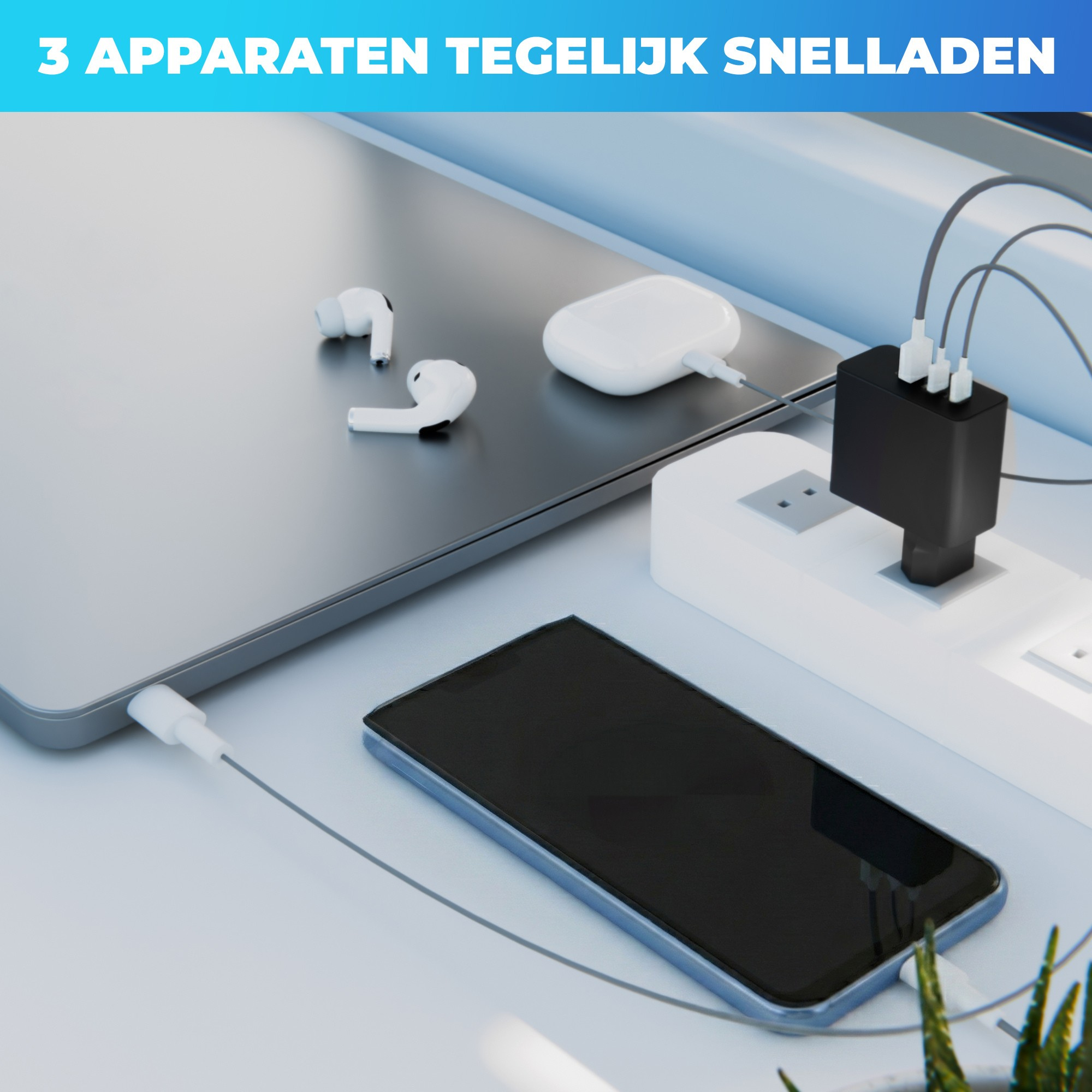 JVS Products Snellader 65W - 2x USB-C PD Fast Charge - 1x USB-A Quick Charge 3.0 – Oplader 65 Watt - GaN Technologie - USB-C Adapter - Geschikt voor Smartphones, Tablets, Laptops, Etc. – Zwart