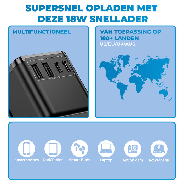 JVS Products Universele wereldstekker - Snellader 18W - Reisstekker - Internationale Reisadapter - 2x USB-C en 2x USB-A - 180+ Landen - Amerika (USA) - Zuid Amerika - Engeland (UK) - Azië - Europa - Afrika - 2500W - Wereldstekker lichtgewicht - Zwart