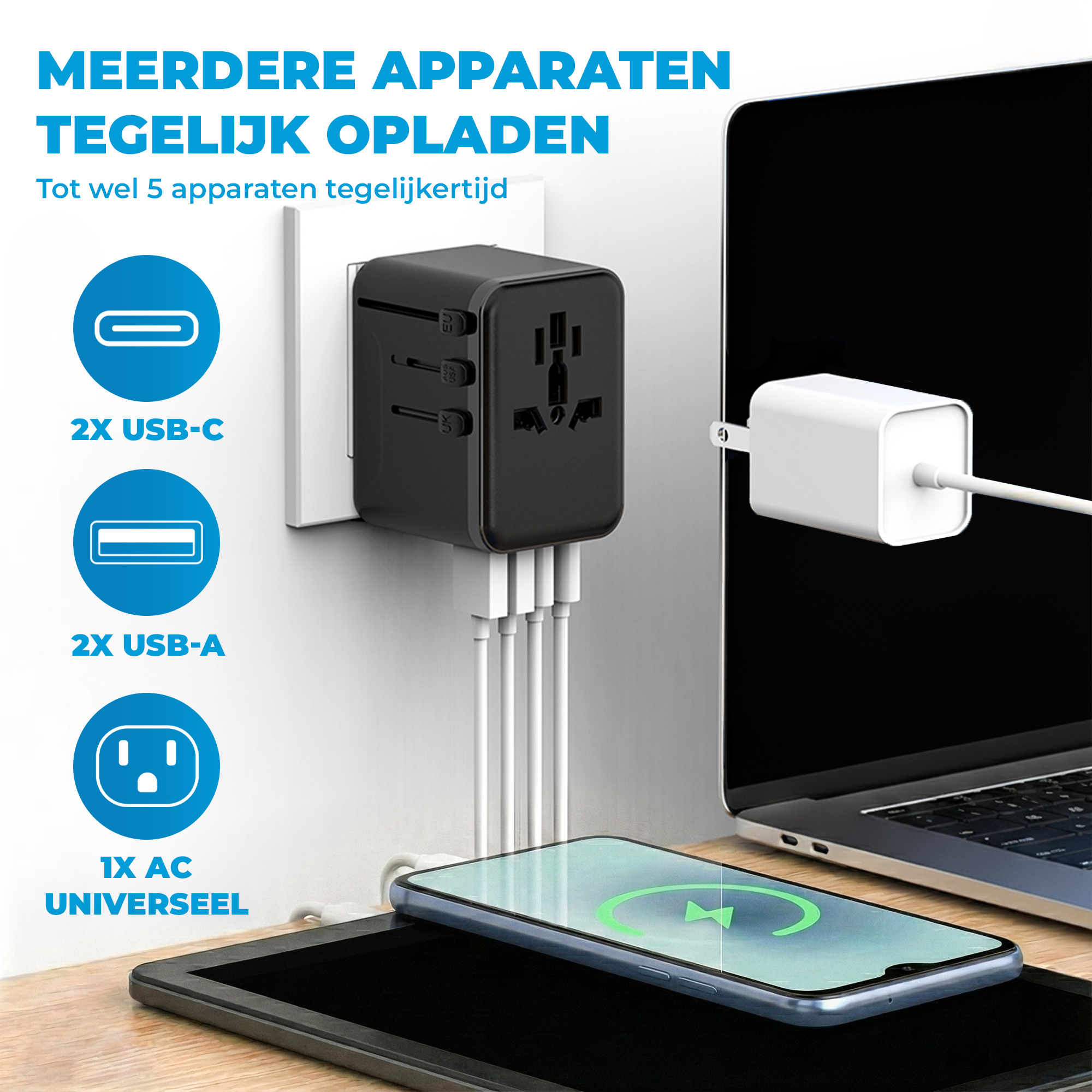 JVS Products Universele wereldstekker - Snellader 18W - Reisstekker - Internationale Reisadapter - 2x USB-C en 2x USB-A - 180+ Landen - Amerika (USA) - Zuid Amerika - Engeland (UK) - Azië - Europa - Afrika - 2500W - Wereldstekker lichtgewicht - Zwart