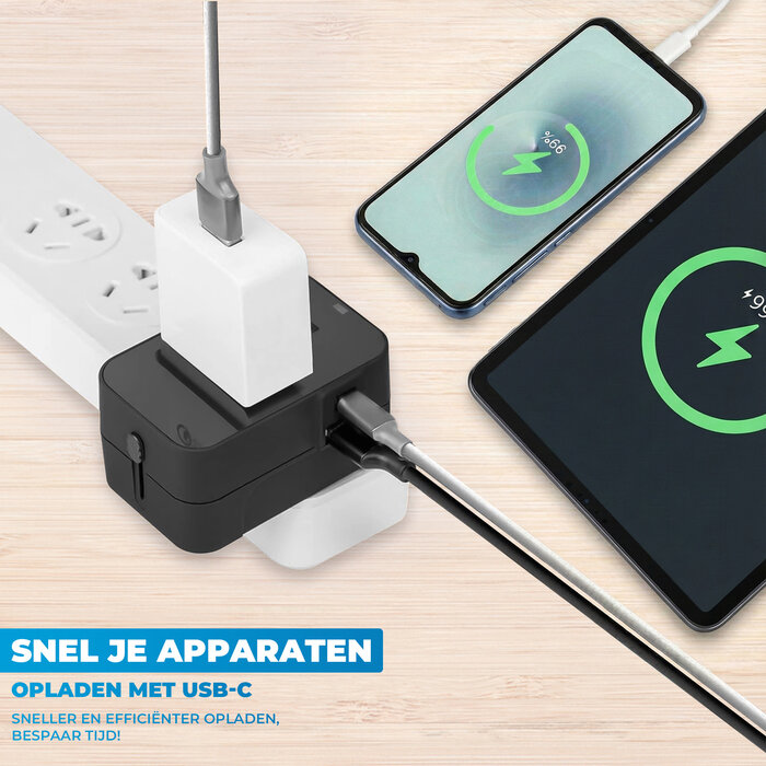 JVS Products Universele wereldstekker - Reisstekker - Internationale Reisadapter - USB-C en USB-A - 150+ Landen - Amerika (USA) - Zuid Amerika - Engeland (UK) - Azië - Europa - Afrika - Wereldstekker lichtgewicht - Zwart