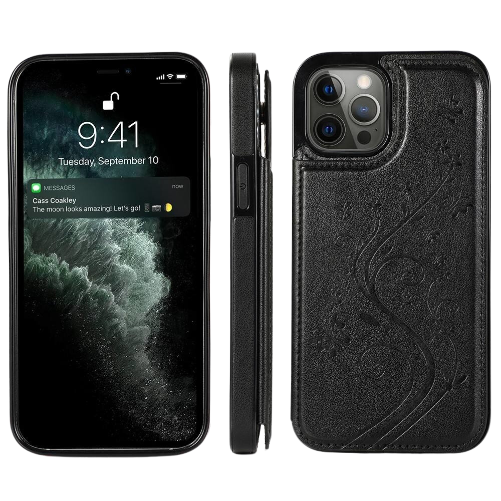JVS Products iPhone 18 Pro hoesje - Backcover - Pasjeshouder - Portemonnee - Bloemenprint - Kunstleer - Zwart