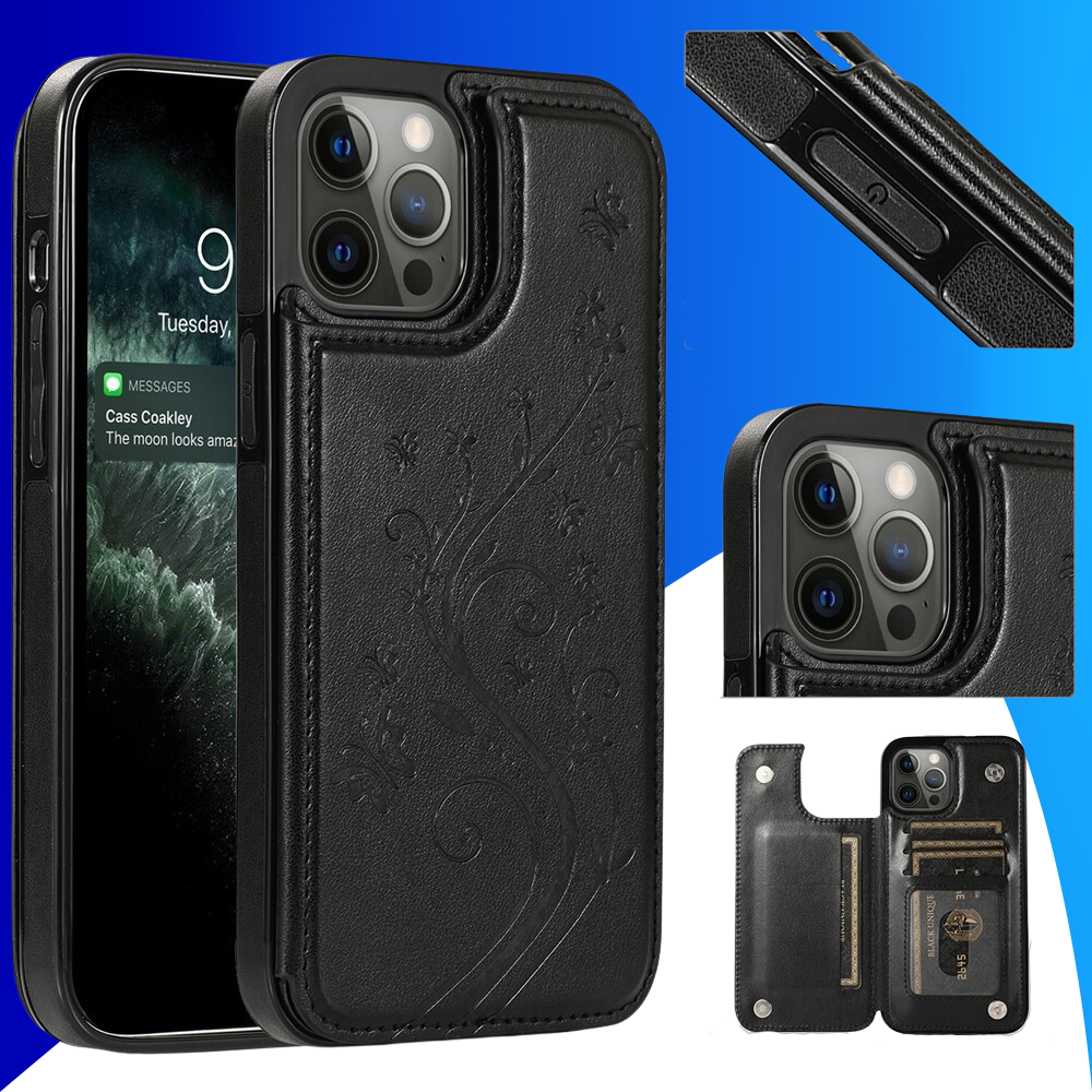 JVS Products iPhone 18 Pro hoesje - Backcover - Pasjeshouder - Portemonnee - Bloemenprint - Kunstleer - Zwart