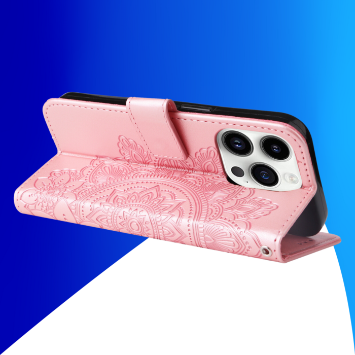 JVS Products iPhone 18 Pro Max hoesje - Bookcase - Pasjeshouder - Portemonnee - Bloemenprint - Kunstleer - Rose Goud