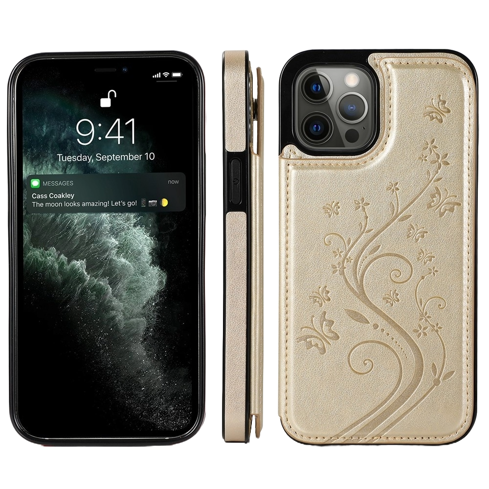 JVS Products iPhone 18 Pro hoesje - Backcover - Pasjeshouder - Portemonnee - Bloemenprint - Kunstleer - Goud