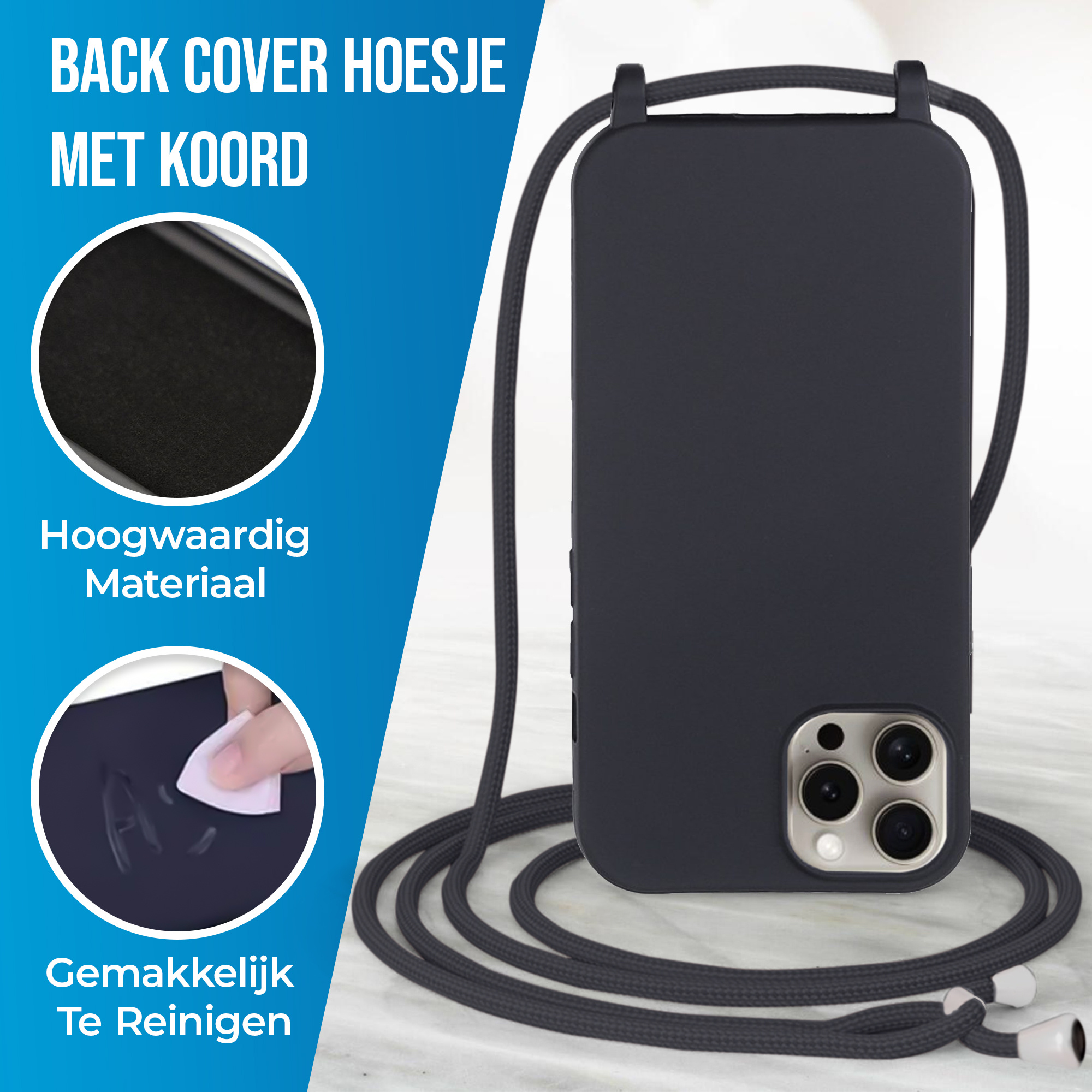 JVS Products iPhone 18 Pro Max hoesje - Backcover - Koord - Softcase - Flexibel - TPU - Zwart