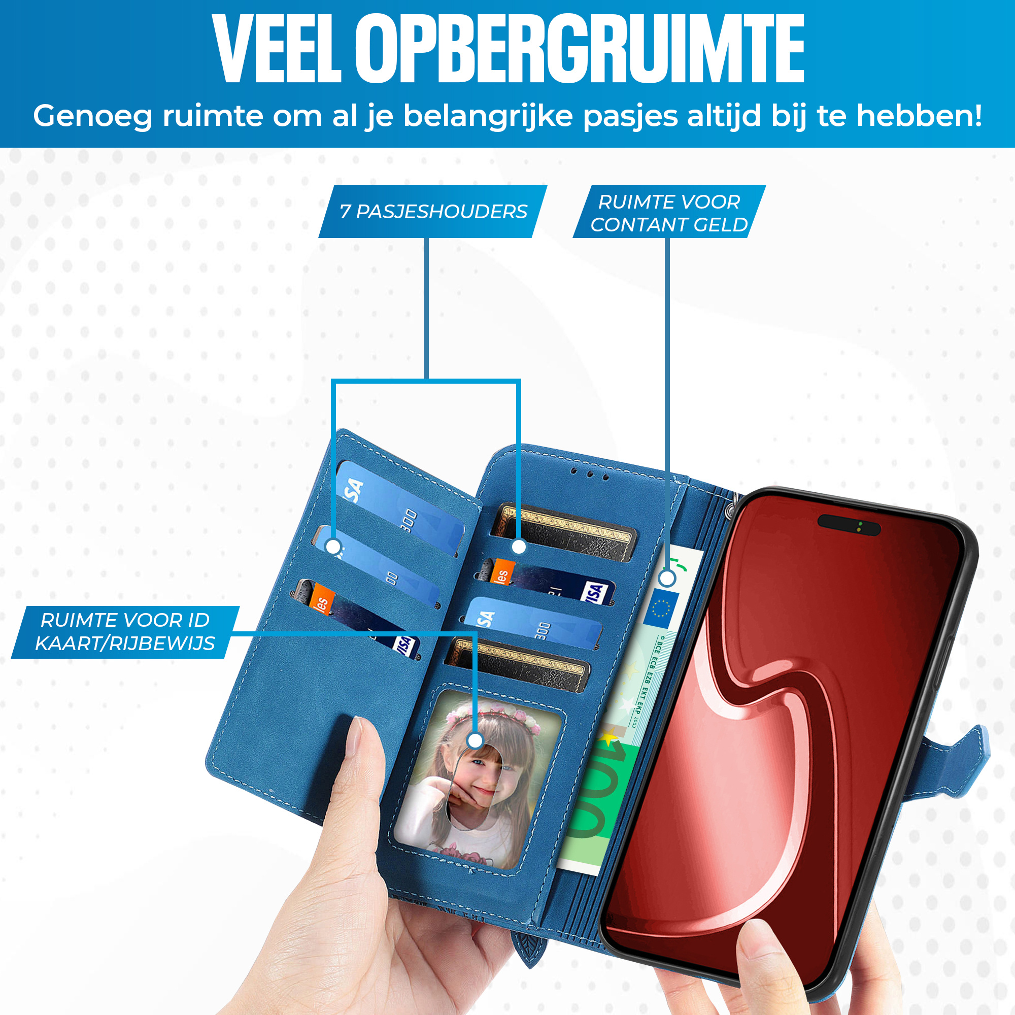 JVS Products iPhone 18 Pro hoesje - Bookcase - Koord - Pasjeshouder - Portemonnee - Bloemenpatroon - Kunstleer - Blauw