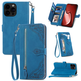 JVS Products iPhone 18 Pro Max hoesje - Bookcase - Koord - Pasjeshouder - Portemonnee - Bloemenpatroon - Kunstleer - Blauw