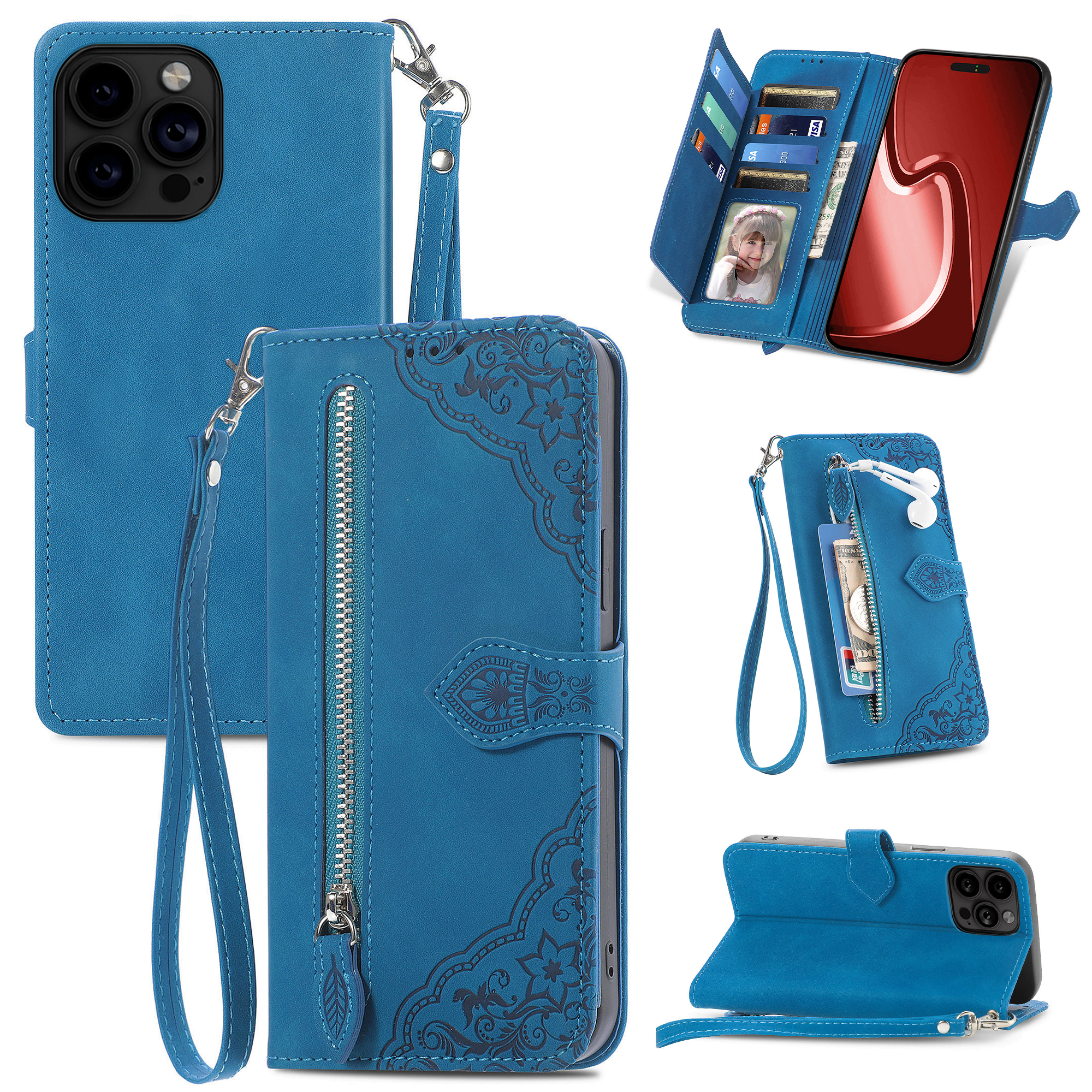 JVS Products iPhone 18 Pro Max hoesje - Bookcase - Koord - Pasjeshouder - Portemonnee - Bloemenpatroon - Kunstleer - Blauw