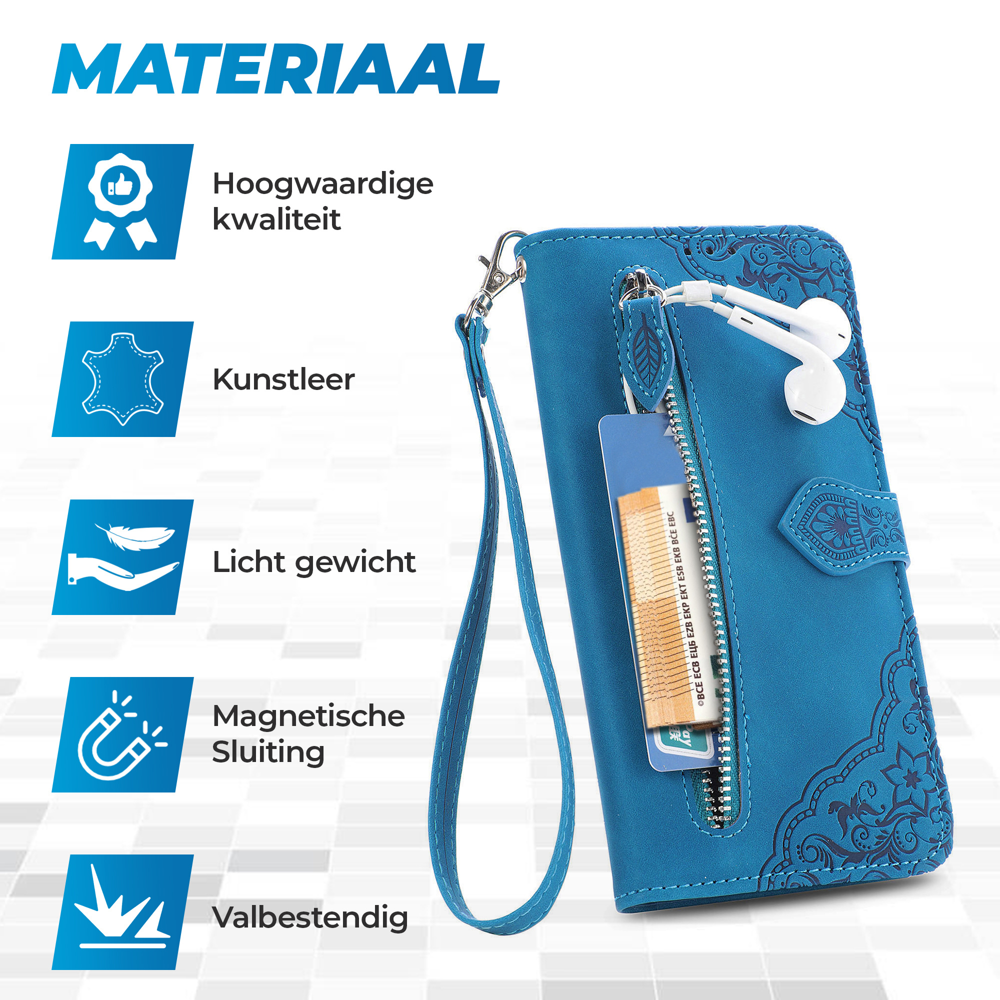 JVS Products iPhone 18 Pro Max hoesje - Bookcase - Koord - Pasjeshouder - Portemonnee - Bloemenpatroon - Kunstleer - Blauw