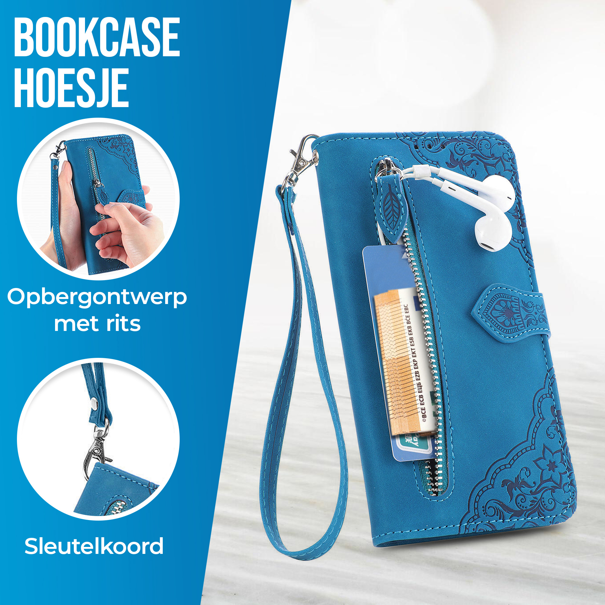 JVS Products iPhone 18 Pro Max hoesje - Bookcase - Koord - Pasjeshouder - Portemonnee - Bloemenpatroon - Kunstleer - Blauw