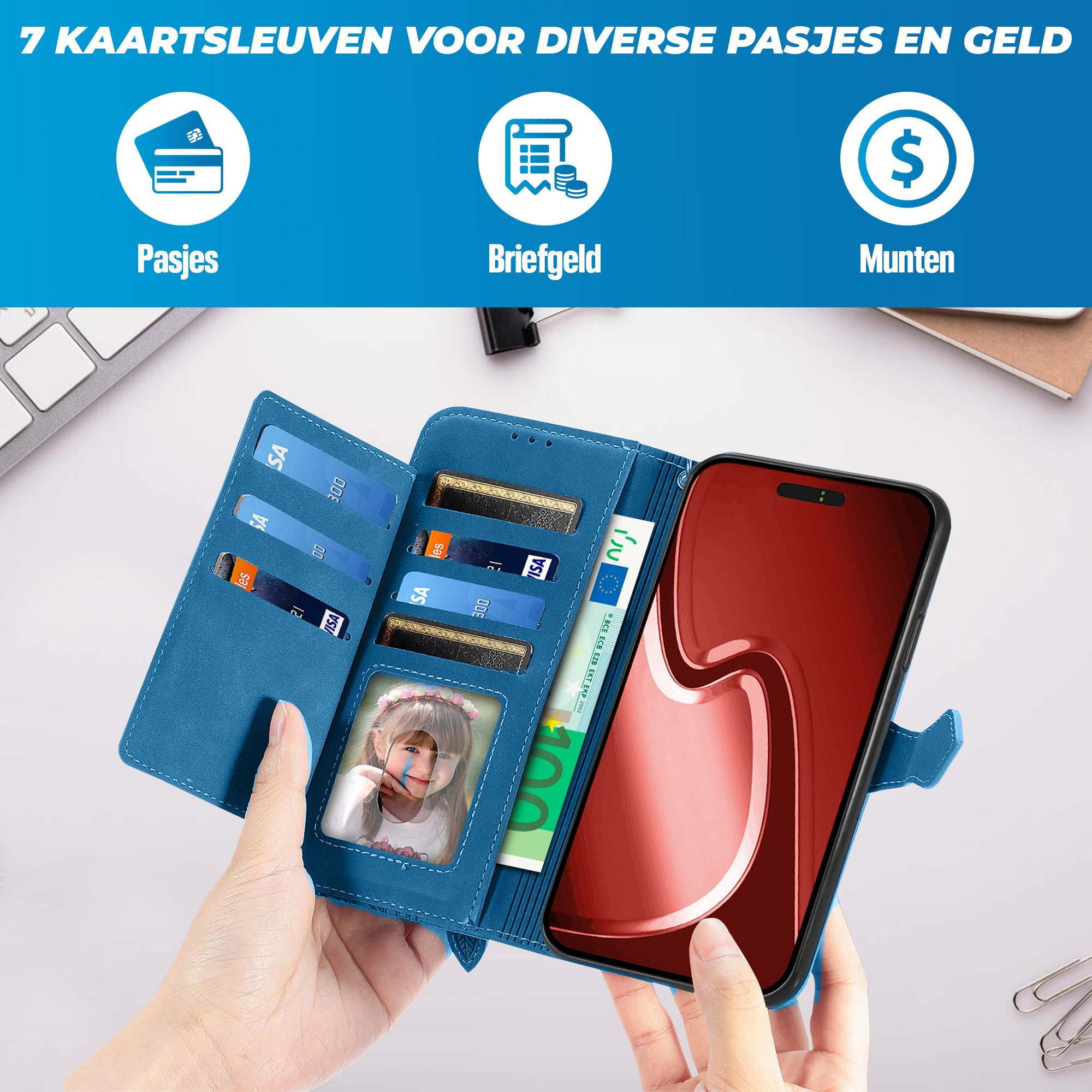 JVS Products iPhone 18 Pro Max hoesje - Bookcase - Koord - Pasjeshouder - Portemonnee - Bloemenpatroon - Kunstleer - Blauw