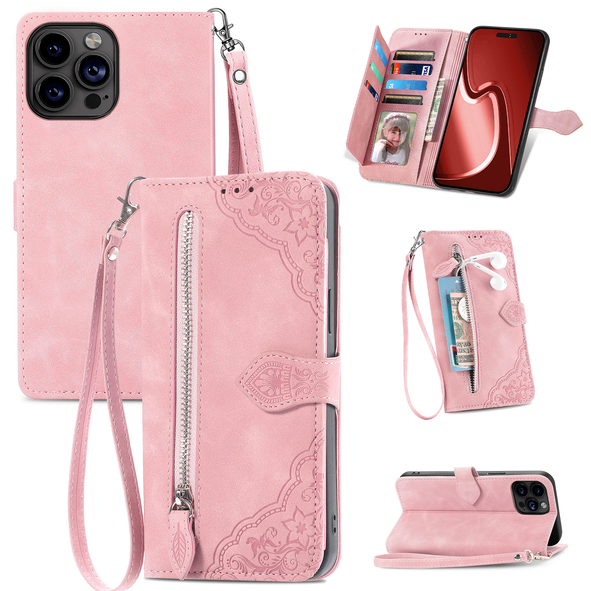 JVS Products iPhone 18 Pro hoesje - Bookcase - Koord - Pasjeshouder - Portemonnee - Bloemenpatroon - Kunstleer - Roze
