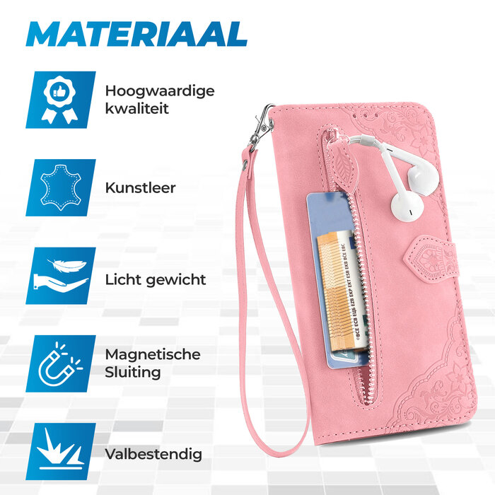JVS Products iPhone 18 Pro hoesje - Bookcase - Koord - Pasjeshouder - Portemonnee - Bloemenpatroon - Kunstleer - Roze
