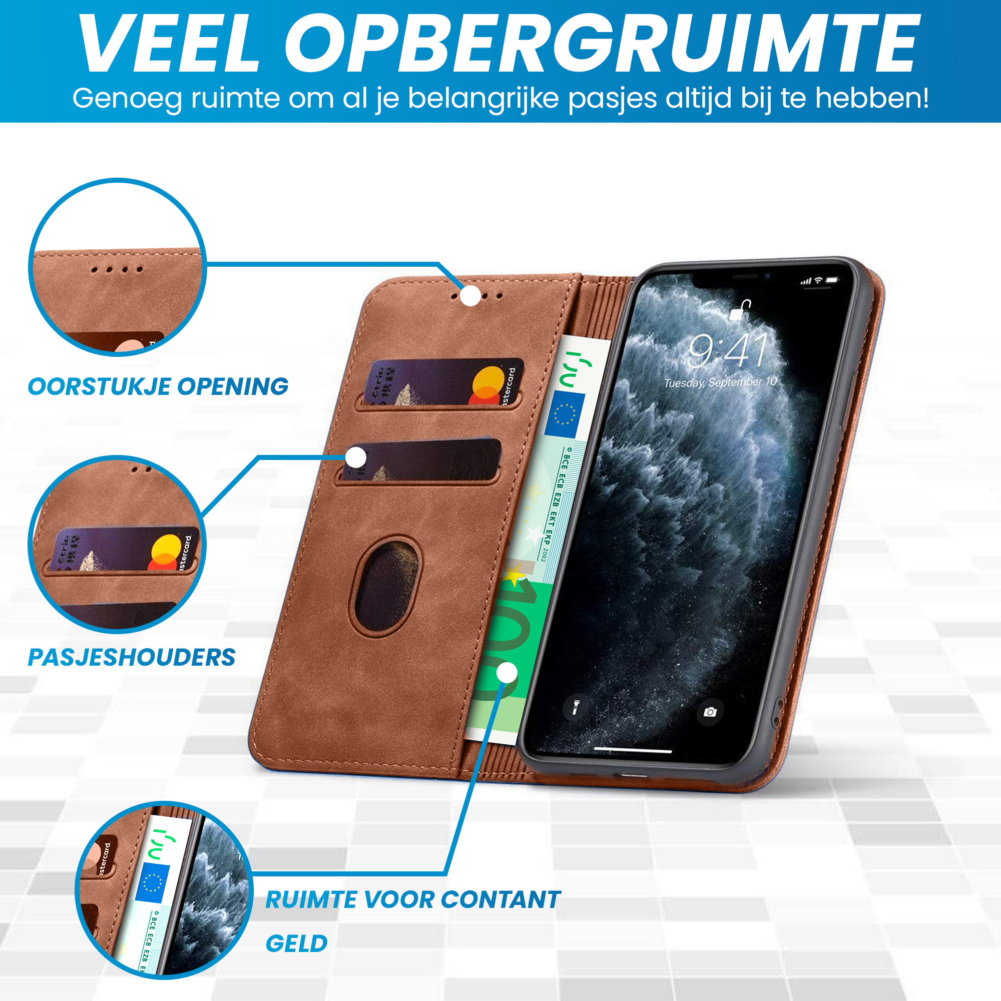 JVS Products iPhone 18 Pro hoesje - Bookcase - Pasjeshouder - Portemonnee - Kunstleer - Bruin