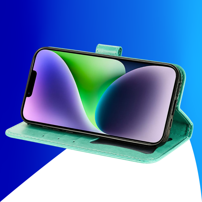 JVS Products iPhone 18 Pro Max hoesje - Bookcase - Pasjeshouder - Portemonnee - Bloemenprint - Kunstleer - Turquoise