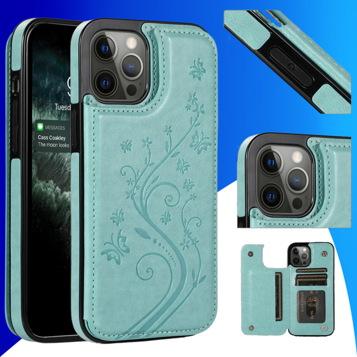 JVS Products iPhone 18 Pro hoesje - Backcover - Pasjeshouder - Portemonnee - Bloemenprint - Kunstleer - Turquoise