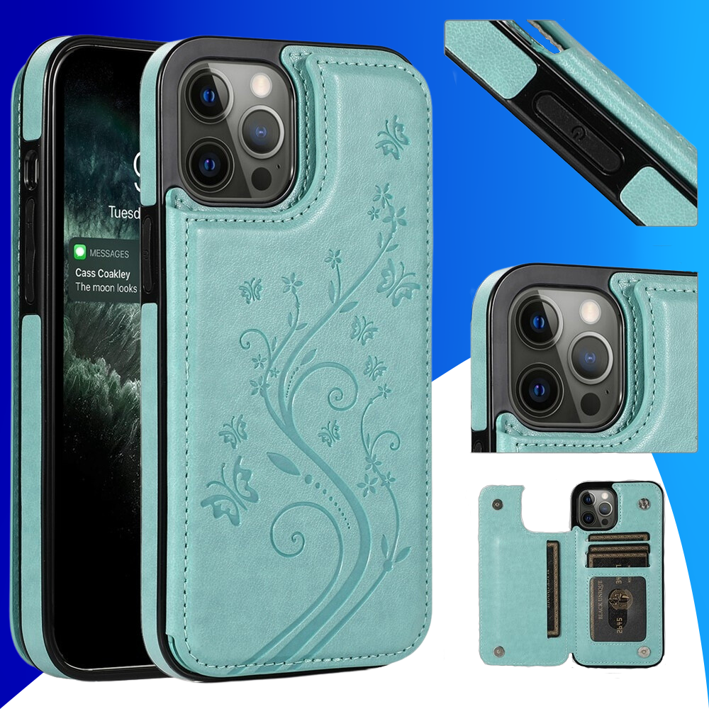 JVS Products iPhone 18 Pro hoesje - Backcover - Pasjeshouder - Portemonnee - Bloemenprint - Kunstleer - Turquoise