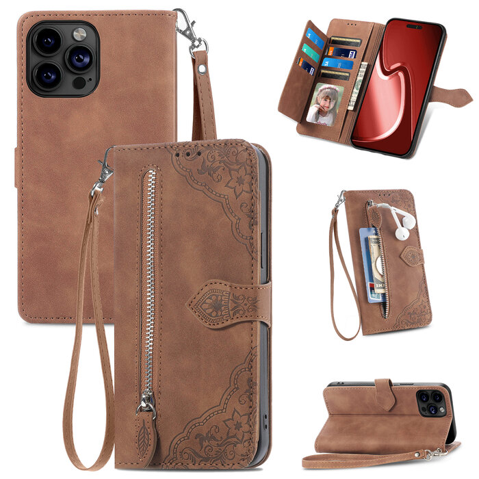 JVS Products iPhone 18 Pro hoesje - Bookcase - Koord - Pasjeshouder - Portemonnee - Bloemenpatroon - Kunstleer - Bruin
