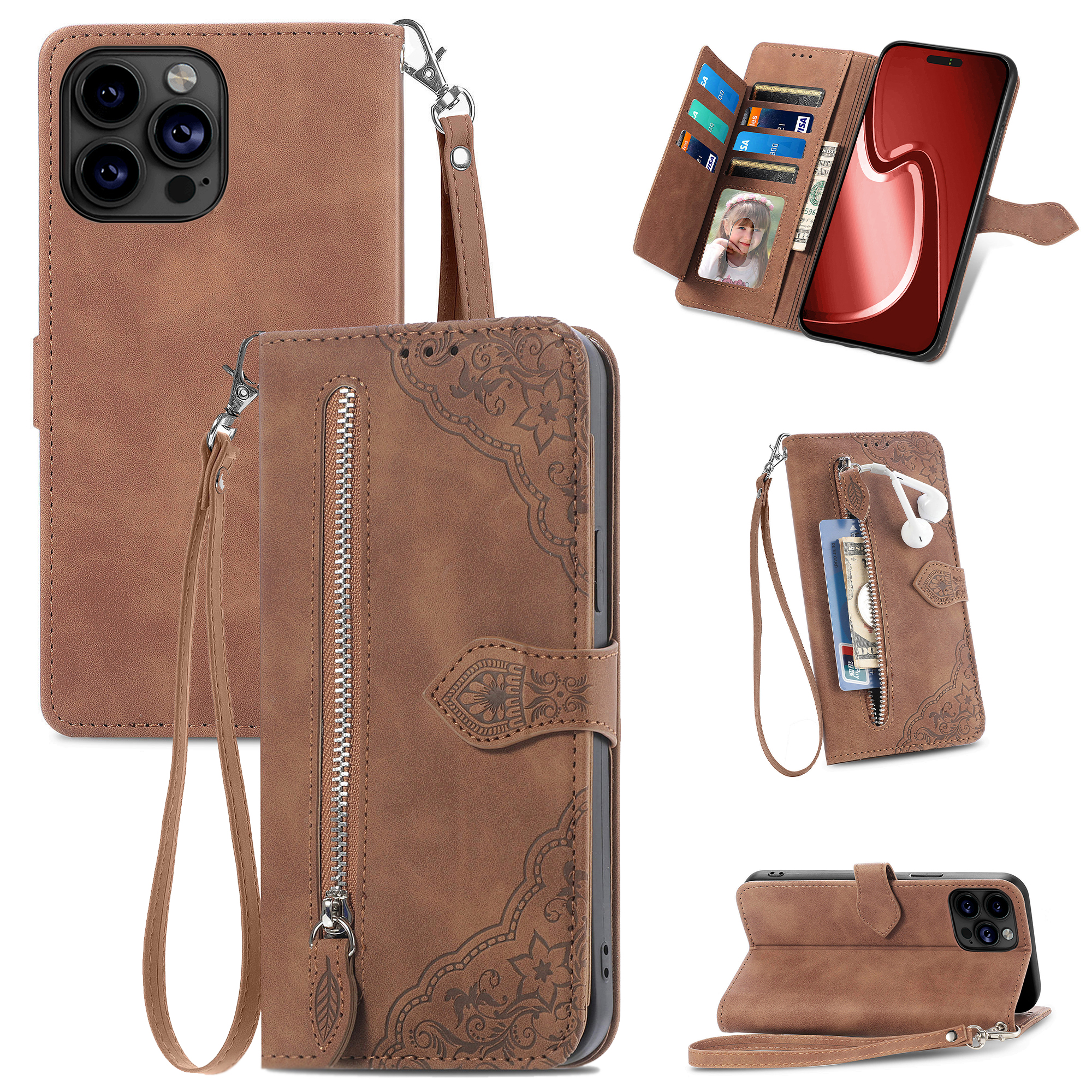 JVS Products iPhone 18 Pro hoesje - Bookcase - Koord - Pasjeshouder - Portemonnee - Bloemenpatroon - Kunstleer - Bruin