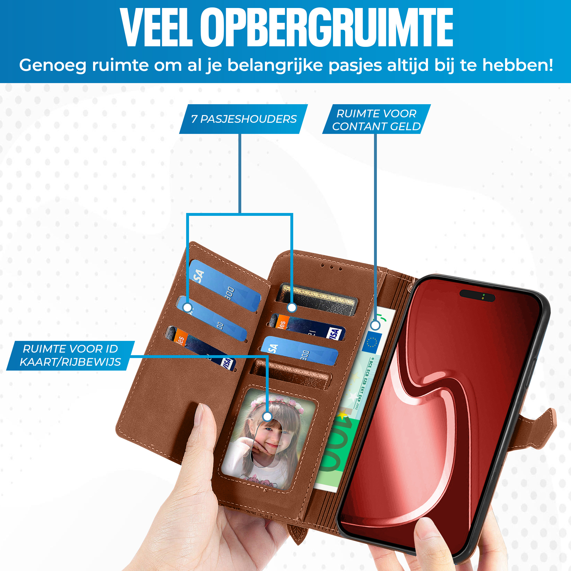 JVS Products iPhone 18 Pro hoesje - Bookcase - Koord - Pasjeshouder - Portemonnee - Bloemenpatroon - Kunstleer - Bruin