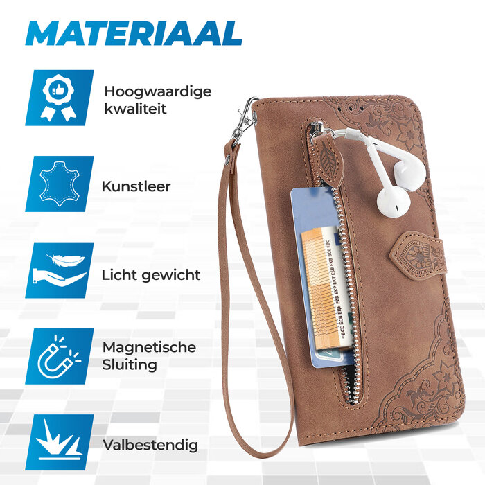 JVS Products iPhone 18 Pro hoesje - Bookcase - Koord - Pasjeshouder - Portemonnee - Bloemenpatroon - Kunstleer - Bruin