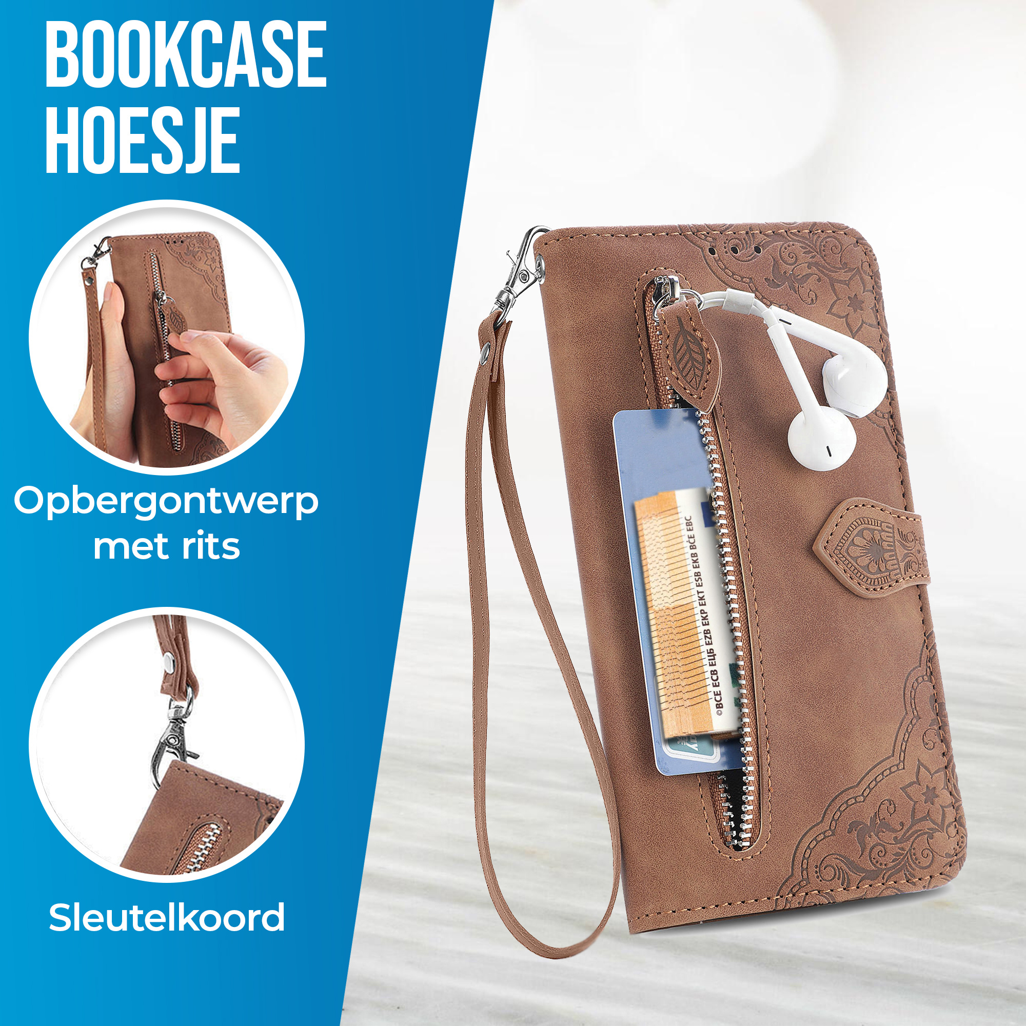 JVS Products iPhone 18 Pro hoesje - Bookcase - Koord - Pasjeshouder - Portemonnee - Bloemenpatroon - Kunstleer - Bruin
