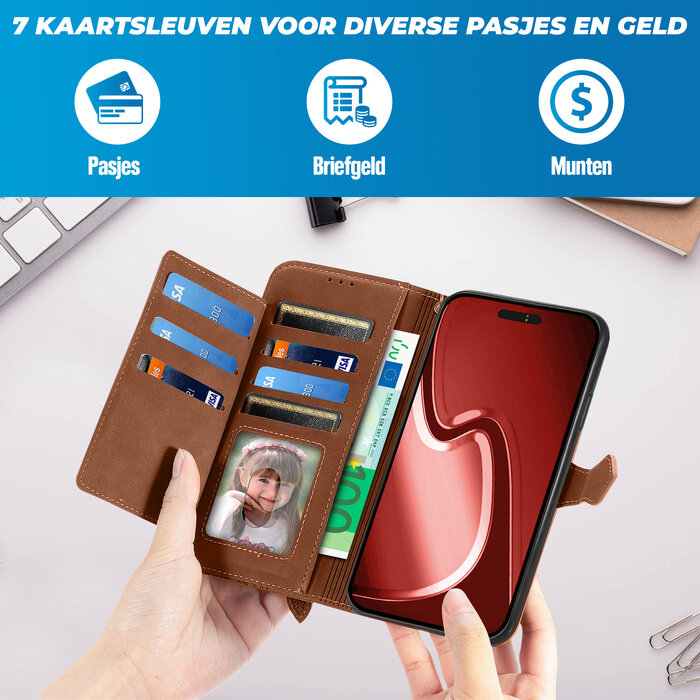 JVS Products iPhone 18 Pro hoesje - Bookcase - Koord - Pasjeshouder - Portemonnee - Bloemenpatroon - Kunstleer - Bruin