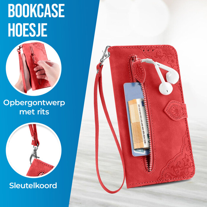 JVS Products iPhone 18 Pro Max hoesje - Bookcase - Koord - Pasjeshouder - Portemonnee - Bloemenpatroon - Kunstleer - Rood
