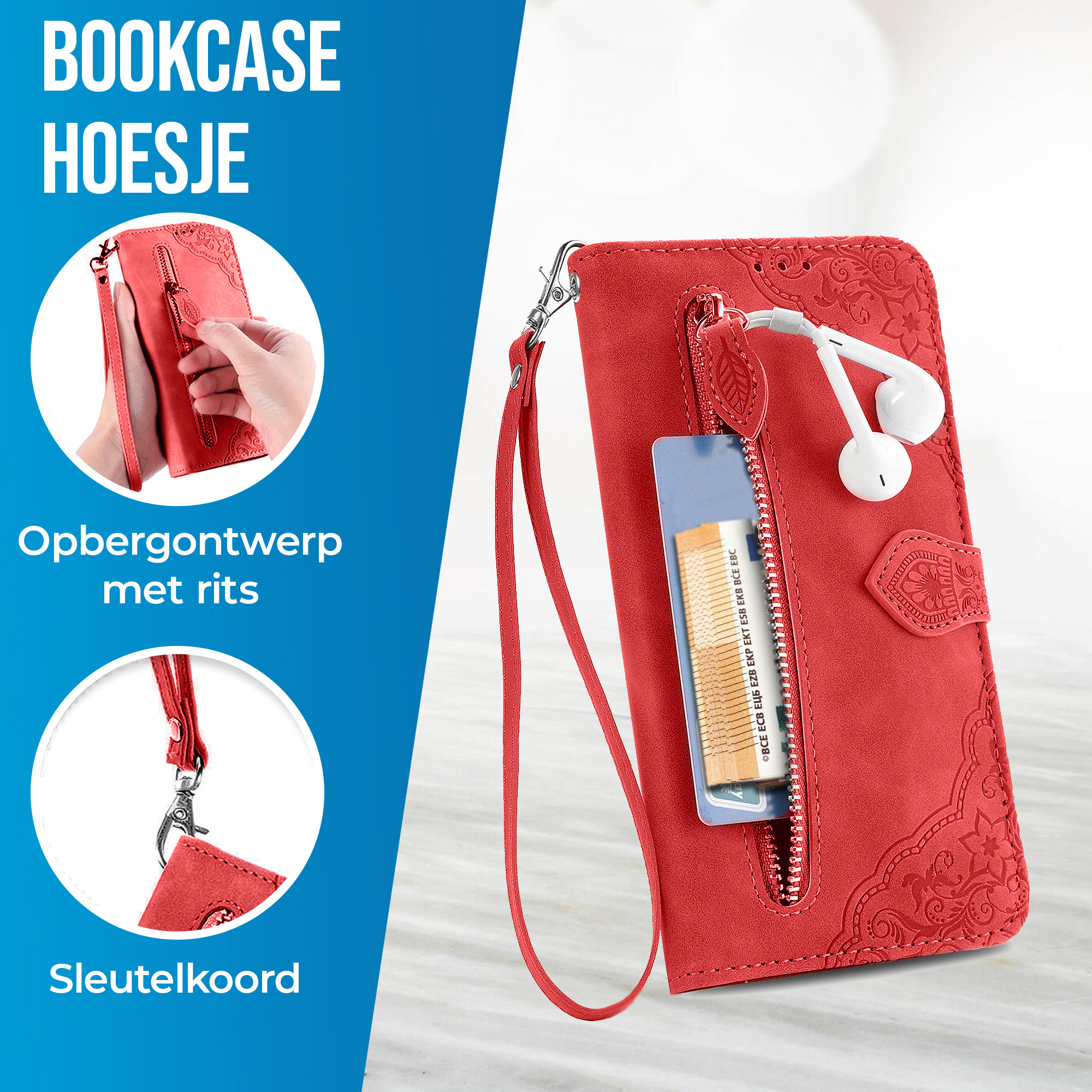 JVS Products iPhone 18 Pro Max hoesje - Bookcase - Koord - Pasjeshouder - Portemonnee - Bloemenpatroon - Kunstleer - Rood