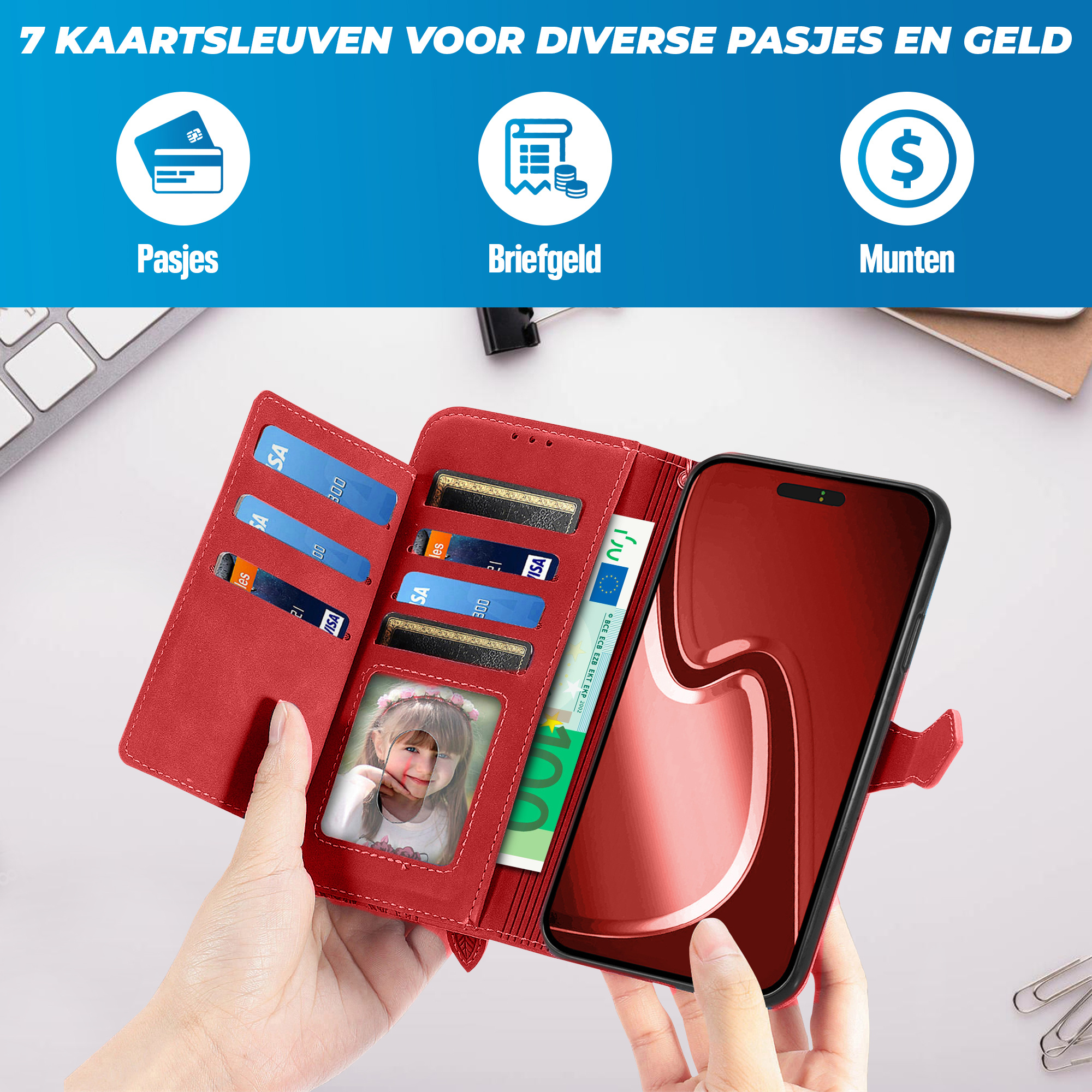 JVS Products iPhone 18 Pro Max hoesje - Bookcase - Koord - Pasjeshouder - Portemonnee - Bloemenpatroon - Kunstleer - Rood