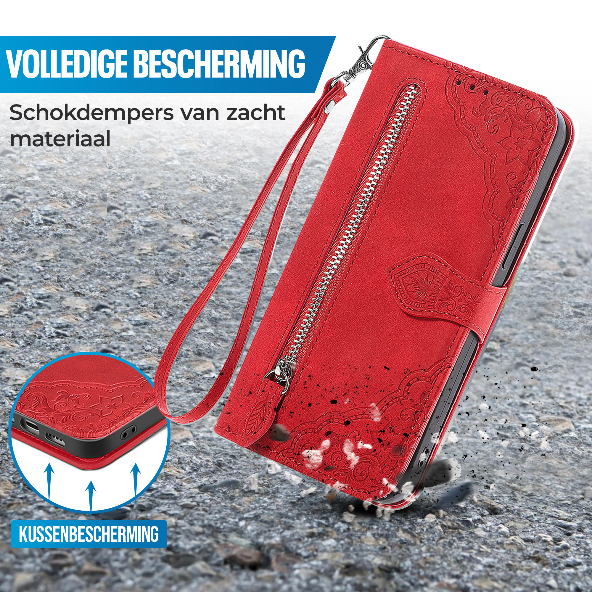 JVS Products iPhone 18 Pro Max hoesje - Bookcase - Koord - Pasjeshouder - Portemonnee - Bloemenpatroon - Kunstleer - Rood