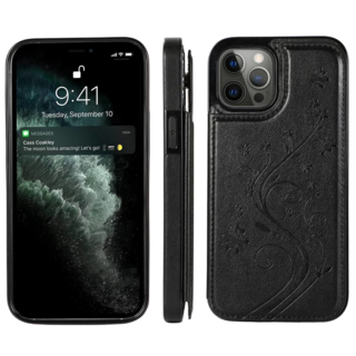 JVS Products iPhone 18 Pro Max hoesje - Backcover - Pasjeshouder - Portemonnee - Bloemenprint - Kunstleer - Zwart
