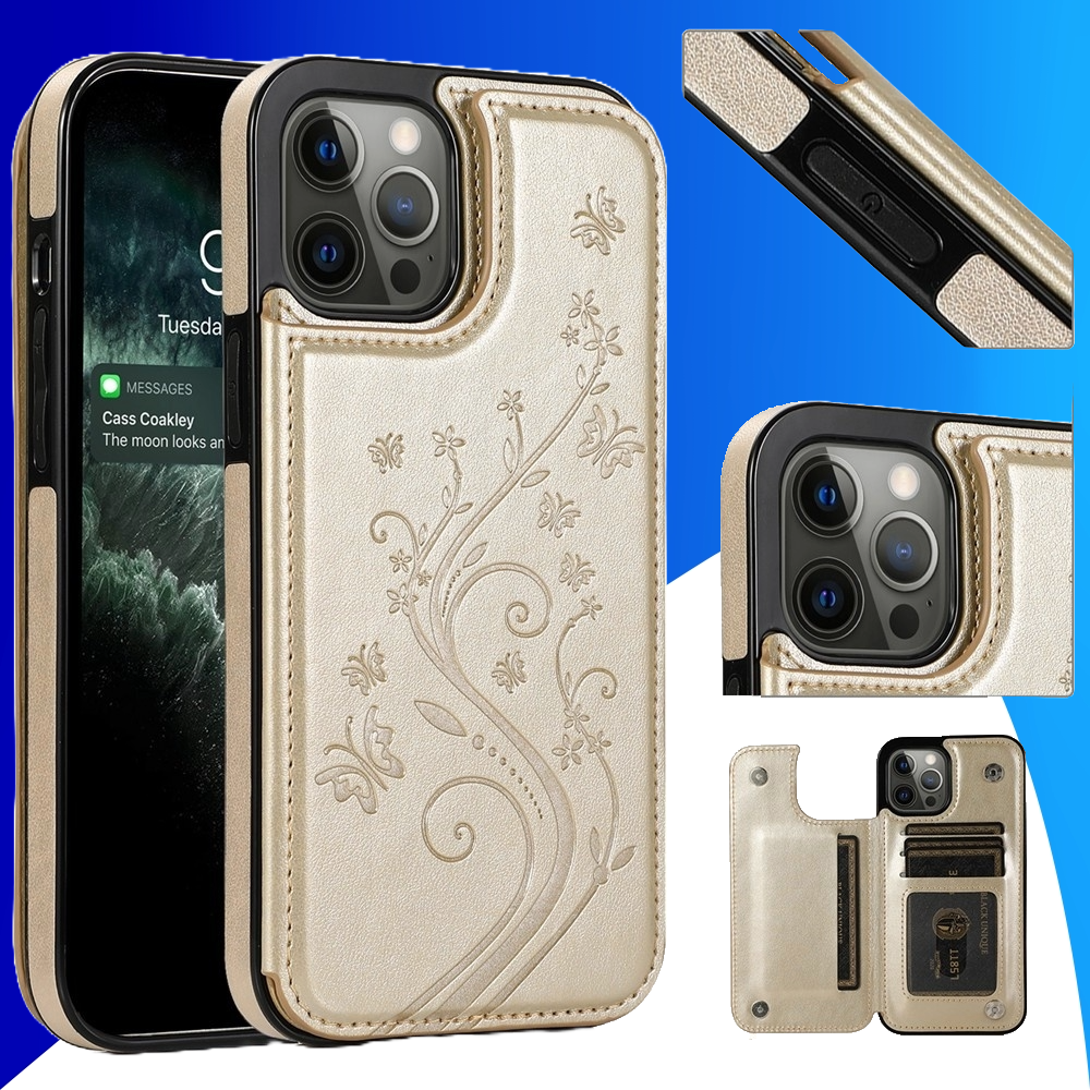 JVS Products iPhone 18 Pro Max hoesje - Backcover - Pasjeshouder - Portemonnee - Bloemenprint - Kunstleer - Goud