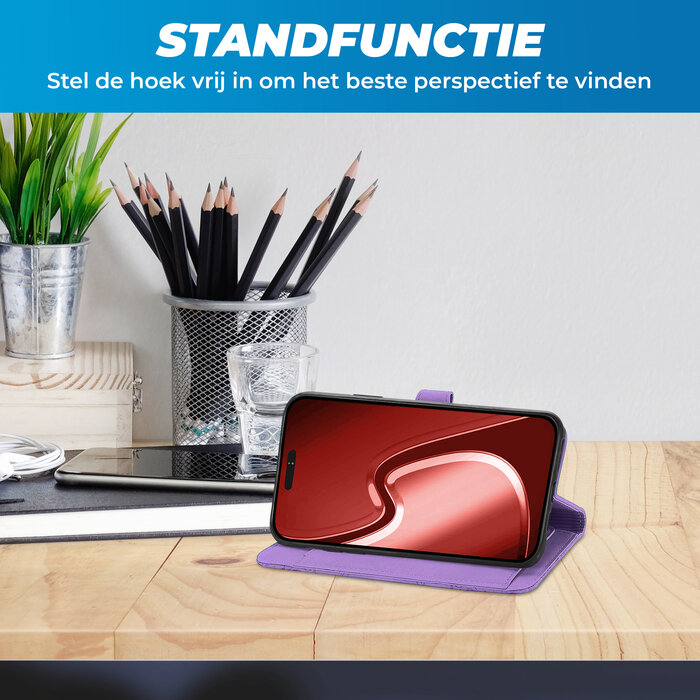 JVS Products iPhone 18 Pro Max hoesje - Bookcase - Koord - Pasjeshouder - Portemonnee - Bloemenpatroon - Kunstleer - Paars