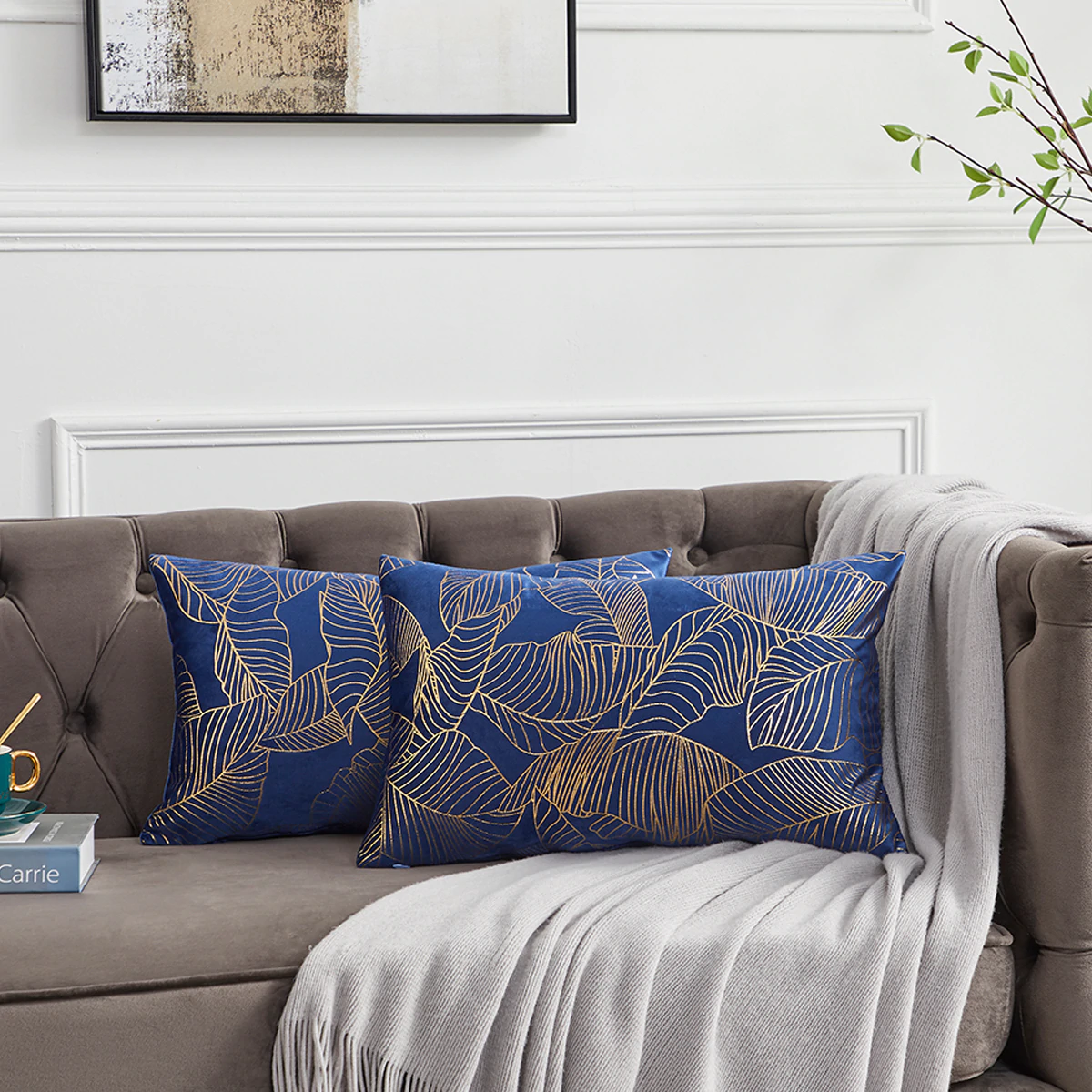 Beter streepje woonadres Velvet Leaves Long Blauw | 30 x 50 cm | Kussenhoes | Polyester | Gek op  kussens!