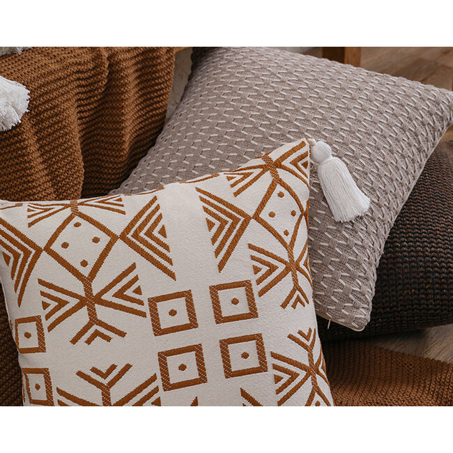 Coffee/White Tassle Kussenhoes | 45x45 cm | Polyester