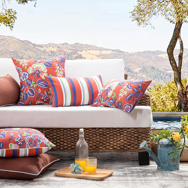 Flower/Stripe - Outdoor Rot Kissenbezug | 45x45 cm | Baumwolle