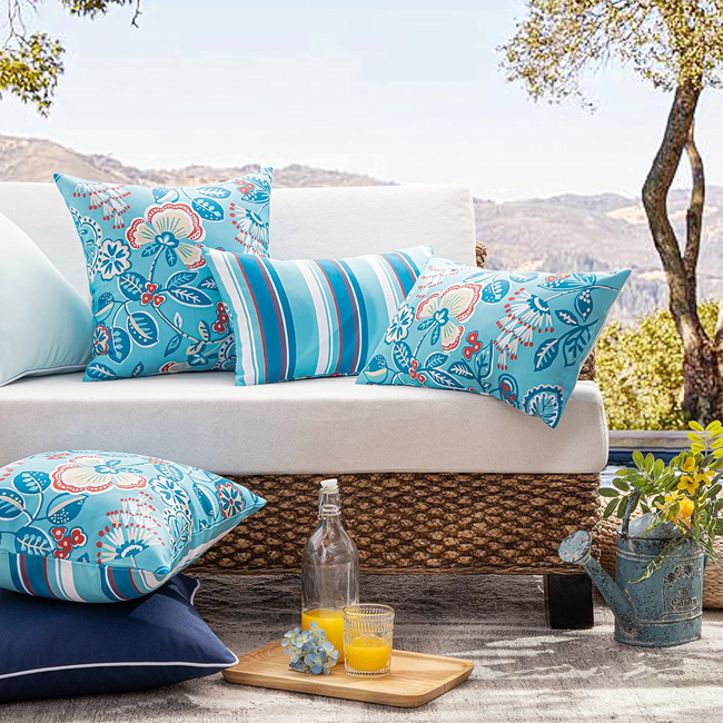 Flower / Stripe - Blauw Outdoor | 45 x 45 cm | Kussenhoes | Katoen