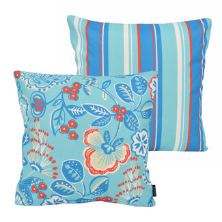 NOVÉE Flower/Stripe - Outdoor Blau Kissenbezug | 45x45 cm | Baumwolle