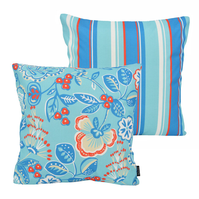 Sierkussen Flower / Stripe - Blauw Outdoor | 45 x 45 cm | Katoen