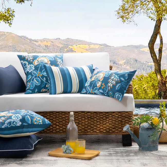 Sierkussen Flower / Stripe - Petrol Outdoor | 45 x 45 cm | Katoen