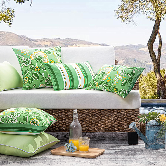 Flower/Stripe - Groen Outdoor Kussenhoes | 45x45 cm | Katoen